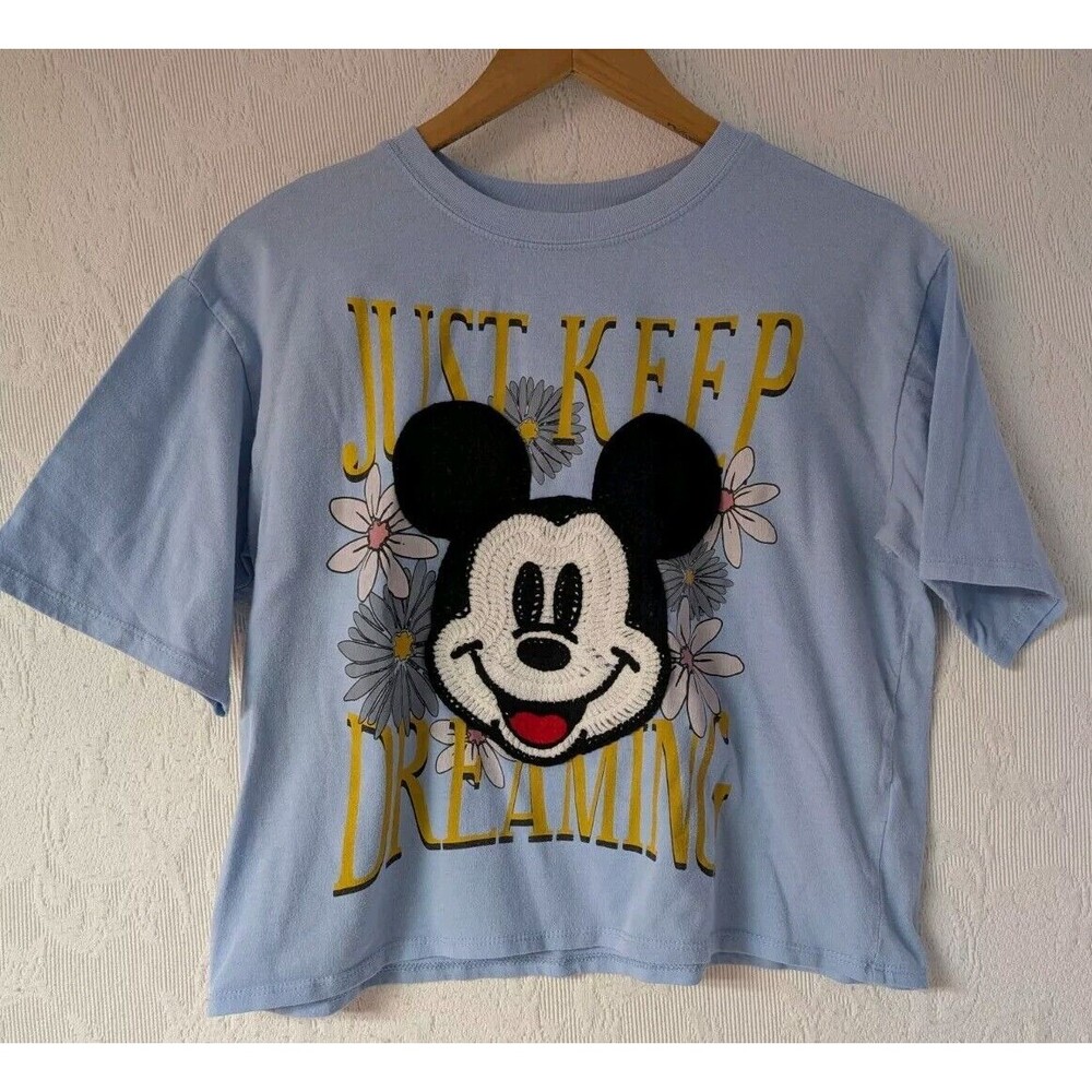 Crochet Disney Mickey Mouse Cropped Graphic Shirt Women Small Blue Flowers Dream